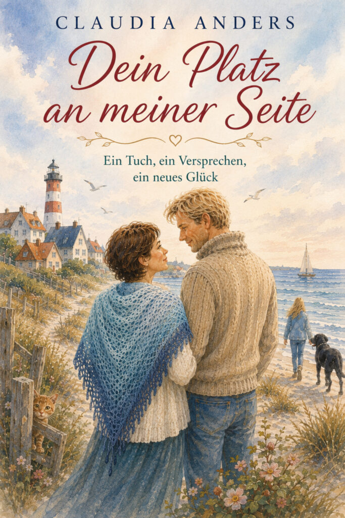 Buchcover Dein Platz an meiner Seite Im Vordergrund eine Frau und ein Mann, die sich verliebt in die Augen sehen im Hintergrund geht ein Kind mit einem Großen Hund am Strand entlang.