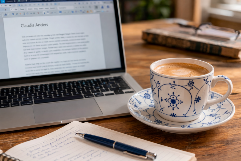 Ein aufgeklappter Laptop, daneben eine Kaffeetasse und davor ein Notizbuch mit Stift.